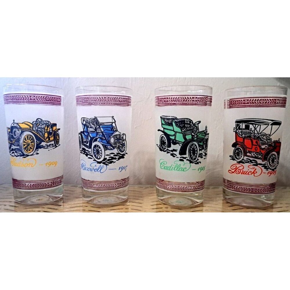 Vinage Set of Four Double Old Fashion Glasses Antique Cars